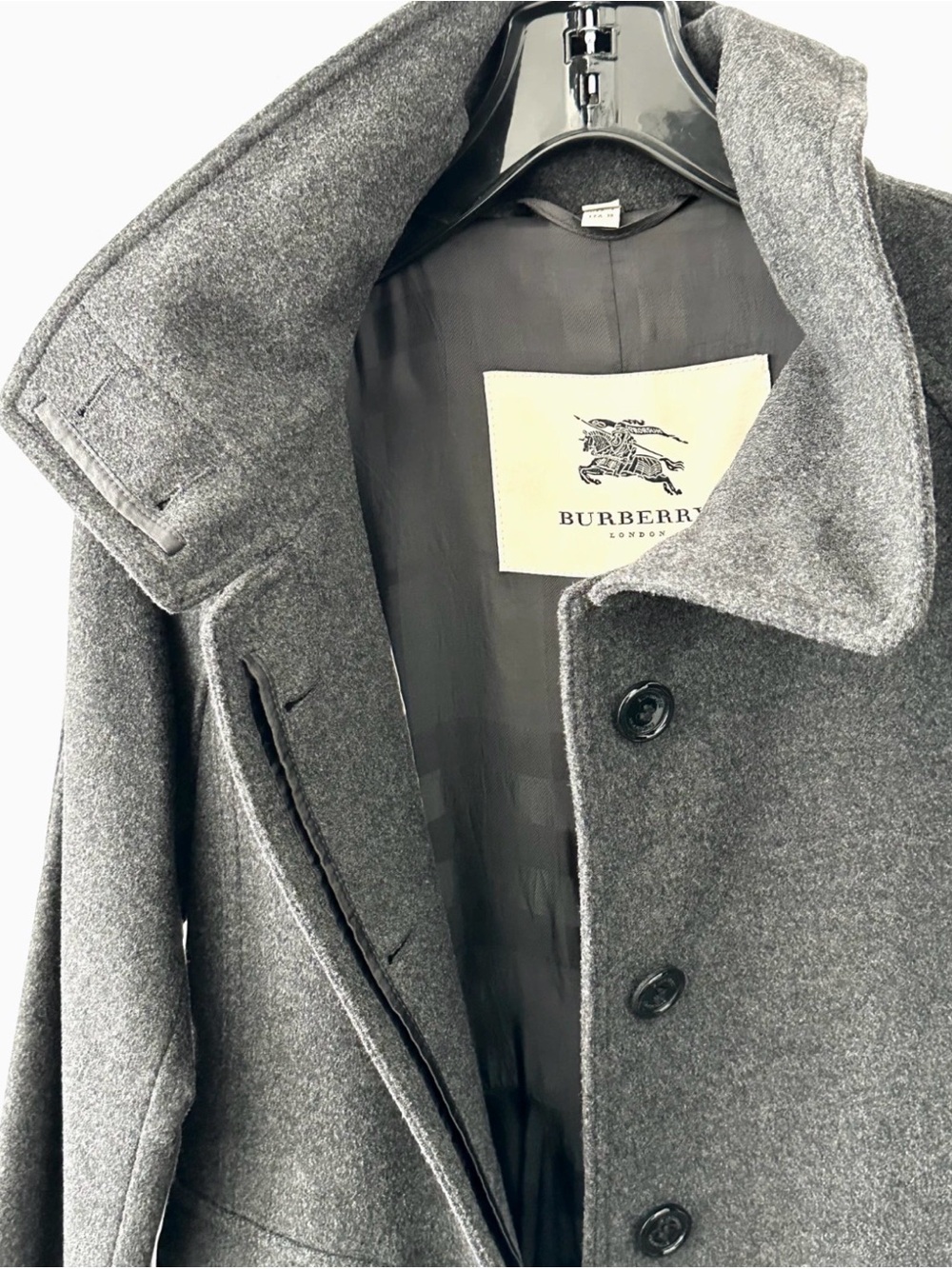 Burberry Gray Wool Pea Coat with Stand Collar